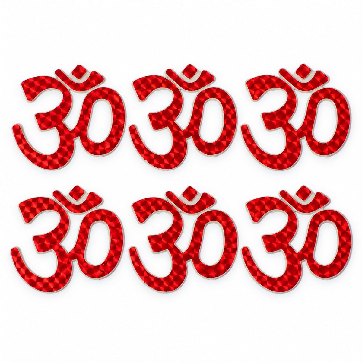 Six identical red Om symbol stickers with a reflective pattern are neatly arranged on a white background.