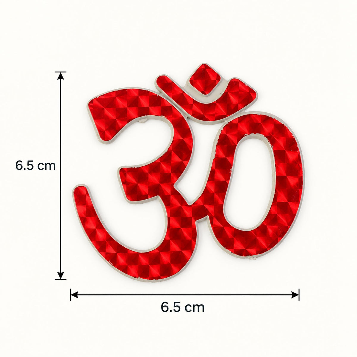 A single red Om symbol sticker is shown with measurements of 6.5 cm for both height and width.