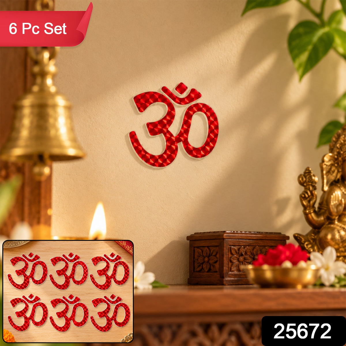A single red Om symbol sticker glows on a wall, with a decorative wooden box and flowers at its base.