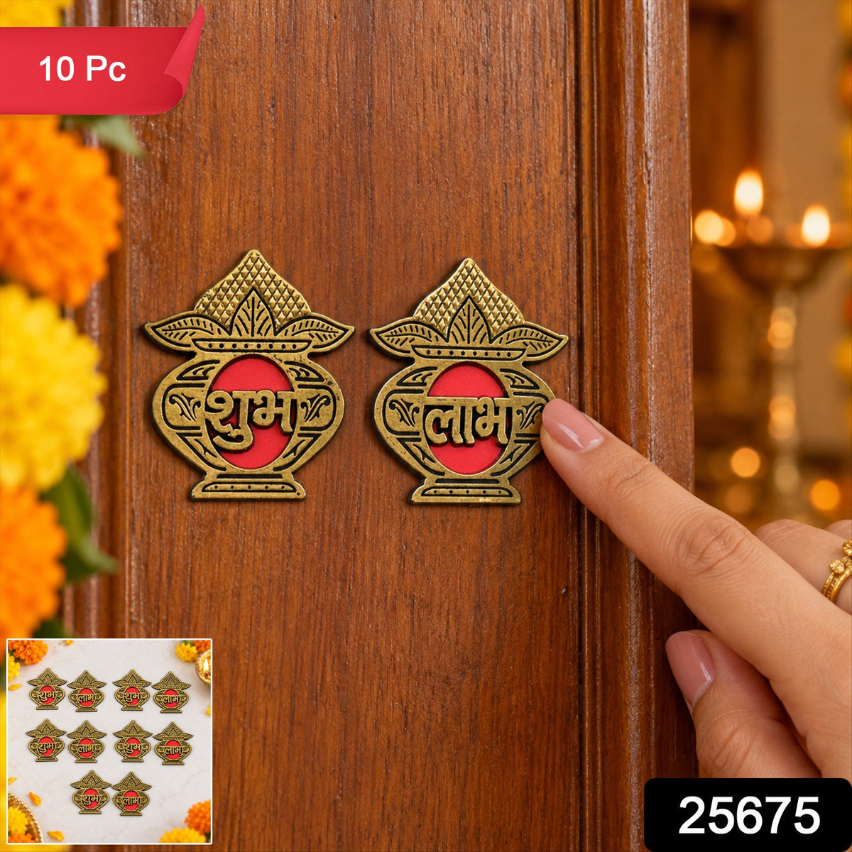 A hand points to a golden Shubh Labh sticker set on a wooden door, with a small inset showing ten stickers.