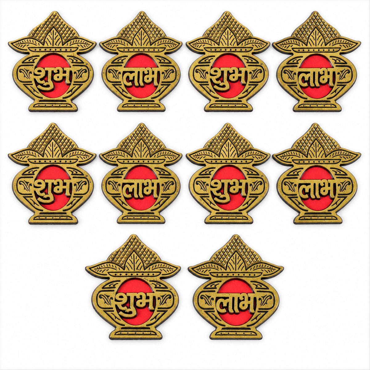 Ten golden Shubh Labh stickers with red centers are neatly arranged in rows on a plain white background.