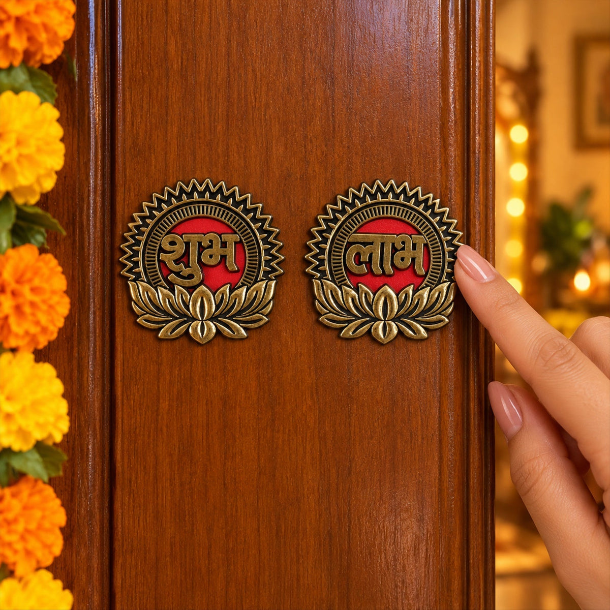 Two ornate gold and red Shubh Labh stickers with lotus designs affixed to a wooden door, surrounded by orange marigolds.