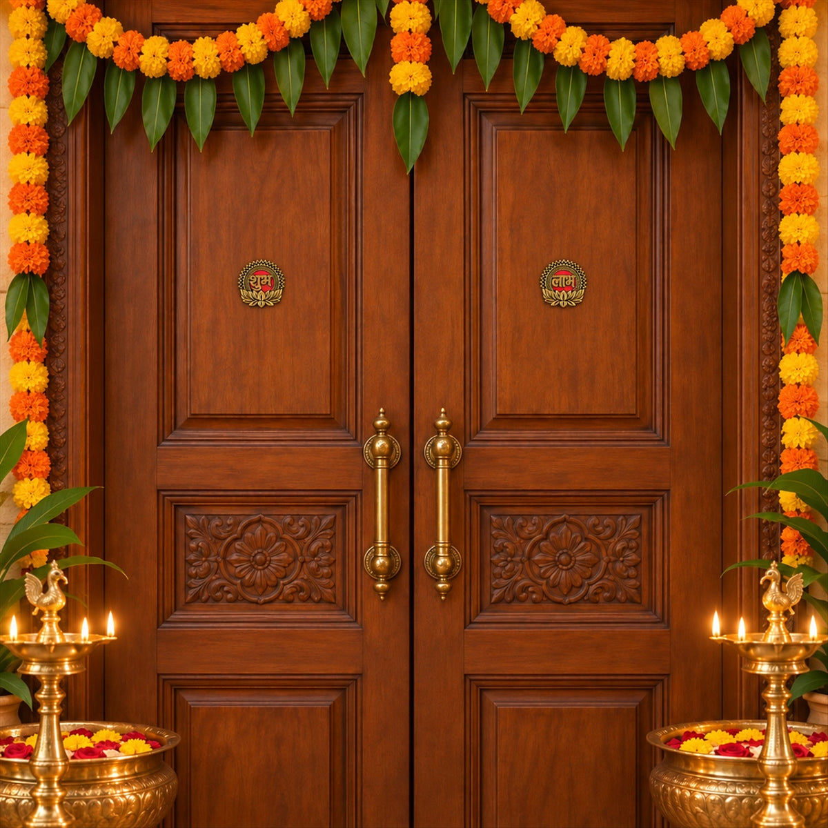 A grand wooden double door adorned with marigold garlands and two small Shubh Labh stickers above brass handles.