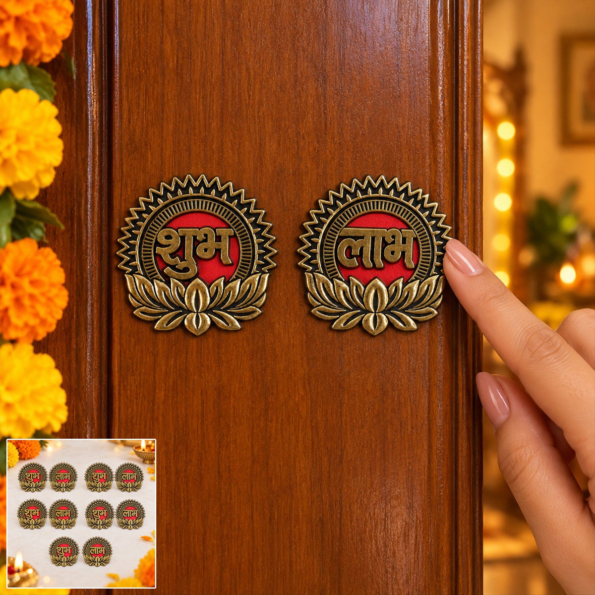 A hand reaching towards two gold and red Shubh Labh stickers on a wooden door, with a small inset of ten stickers.