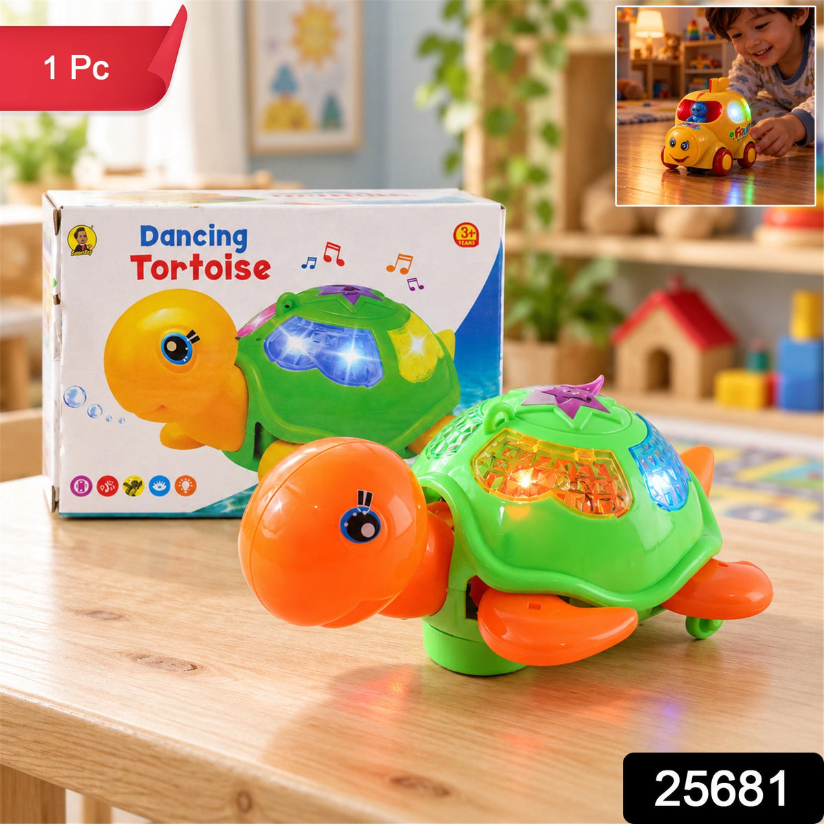 The musical tortoise toy with bright lights on a wooden surface, with a small inset image of a child playing.