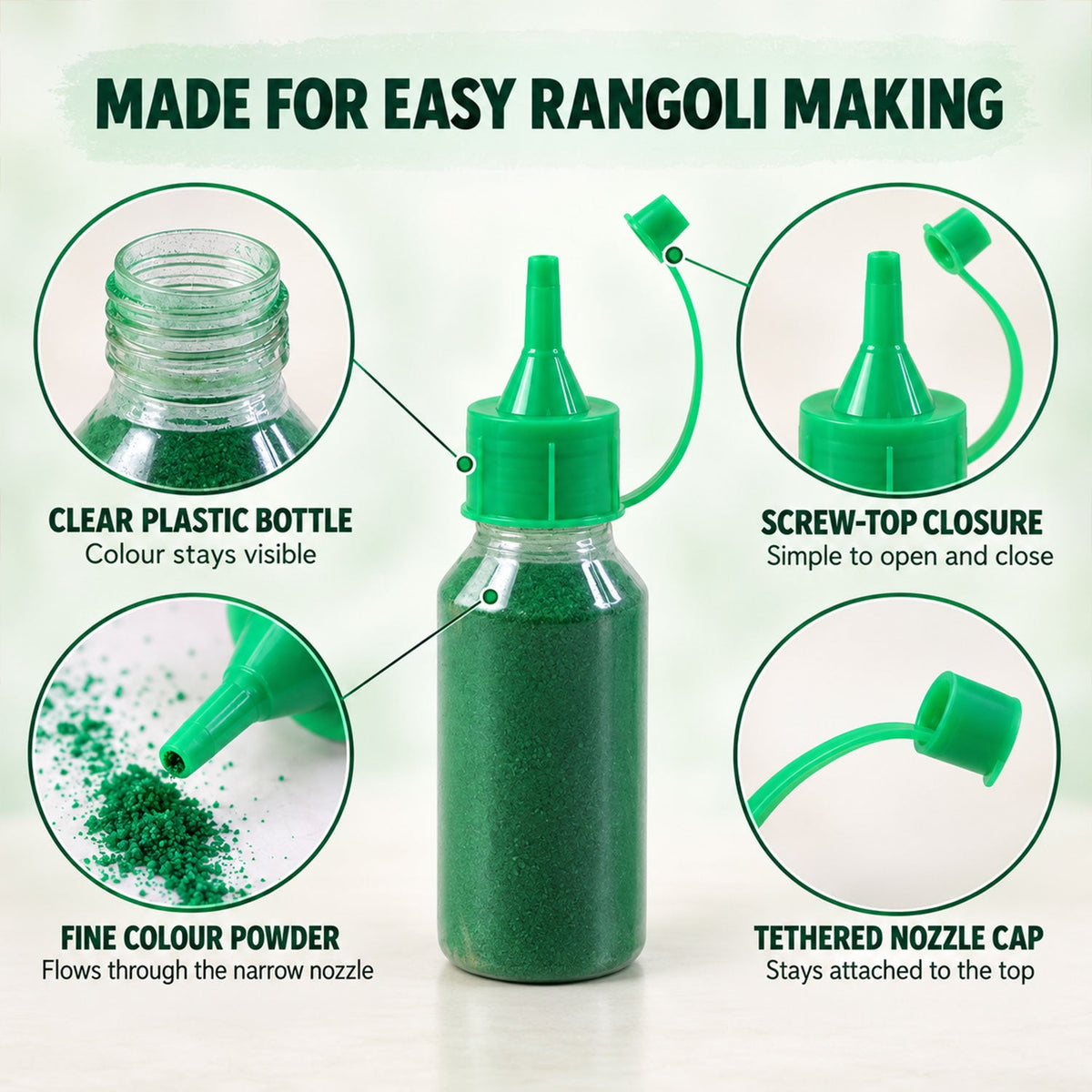 A green bottle of Rangoli powder is shown with callouts highlighting its clear plastic, screw-top closure, fine powder, and