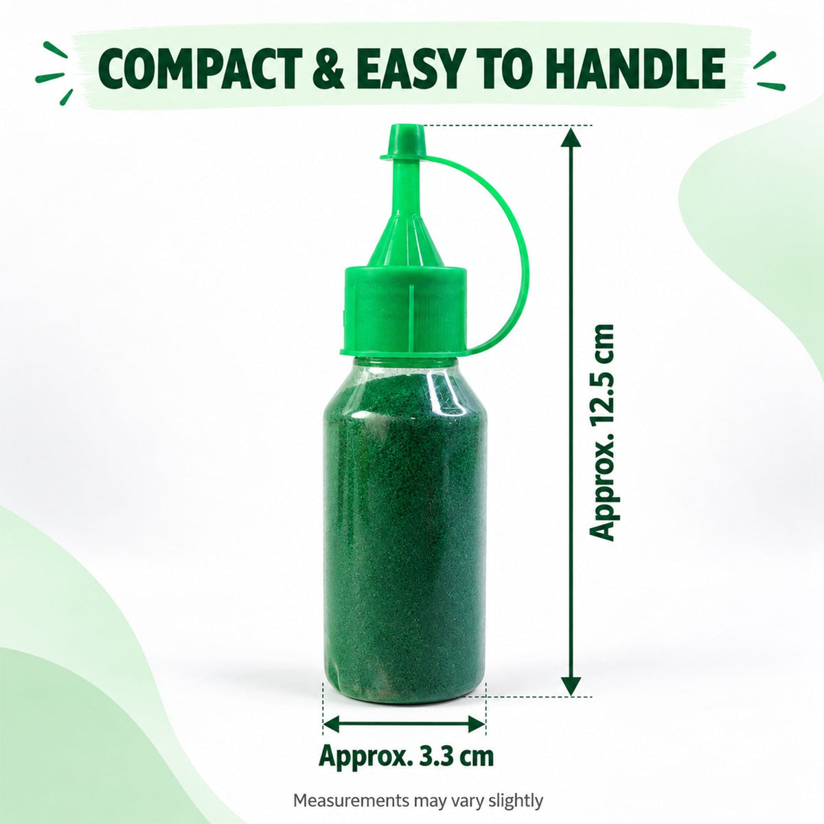 A single green bottle of Rangoli powder is shown with measurements indicating its compact size of approximately 12.5 cm by