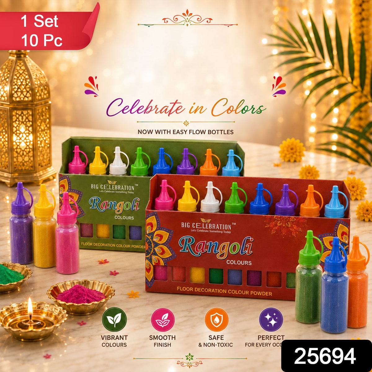 Two boxes of Rangoli color powder bottles, one open and one closed, are displayed with loose powder in bowls and decorative