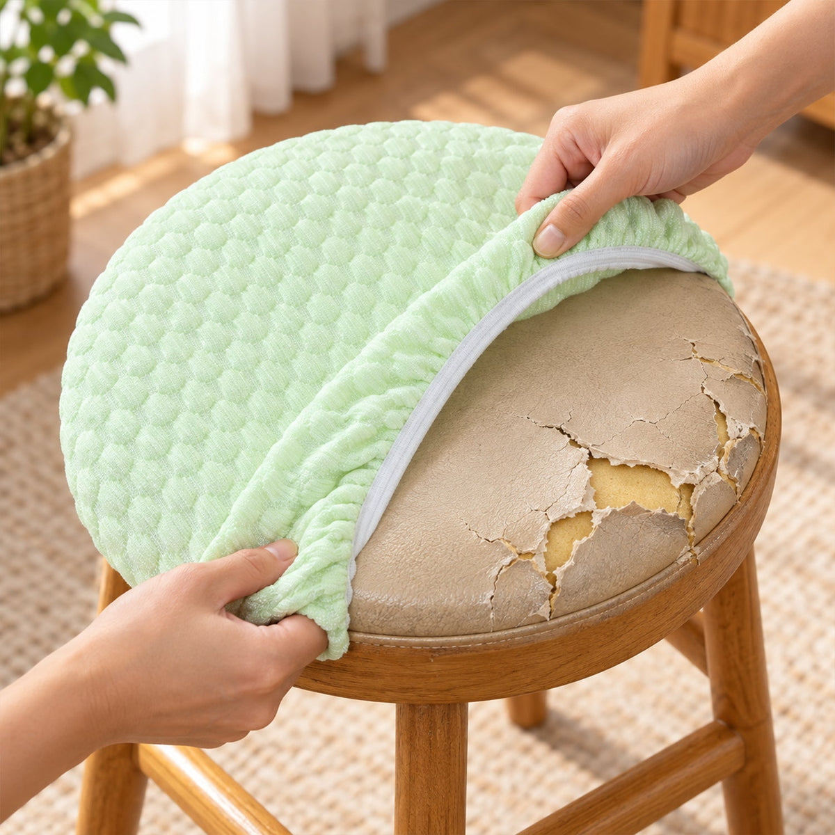 Textured Round Stool Cushion Cover with Elastic Edge (1 Pc, 26 x 26 Cm)