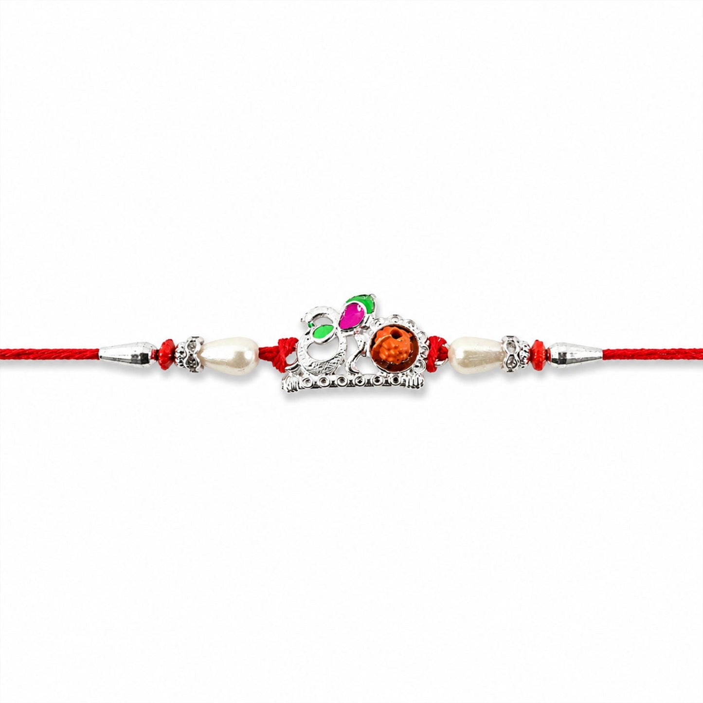 Elegant Red Gold Floral Om Rakhi with pearl accents detailed