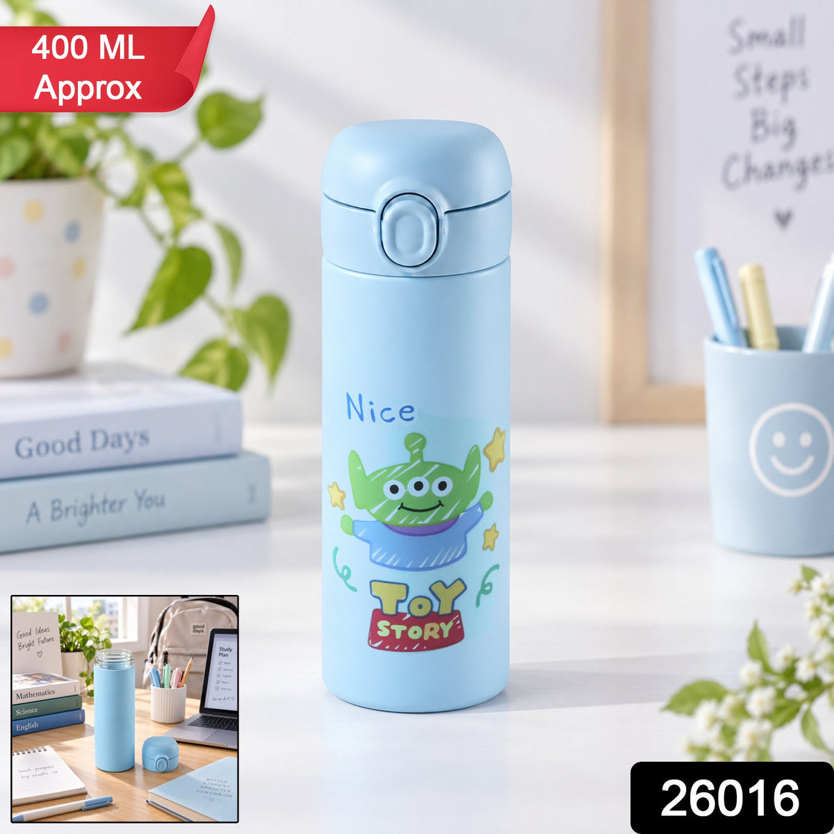 A light blue water bottle featuring a Toy Story alien cartoon and text is displayed on a white surface.
