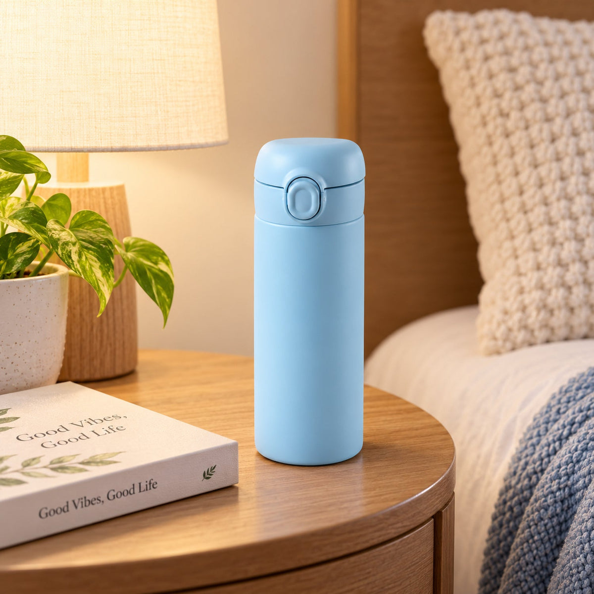 A light blue water bottle sits on a wooden nightstand next to a lamp and a book in a bedroom.