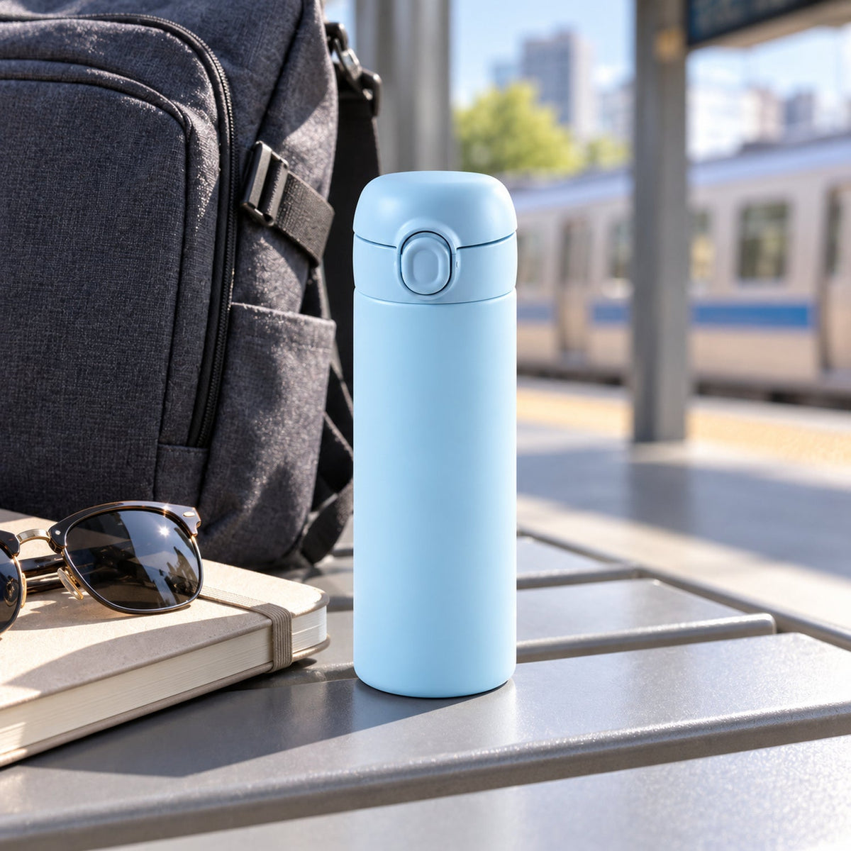 A light blue water bottle rests on a bench next to a backpack and sunglasses at a train station.