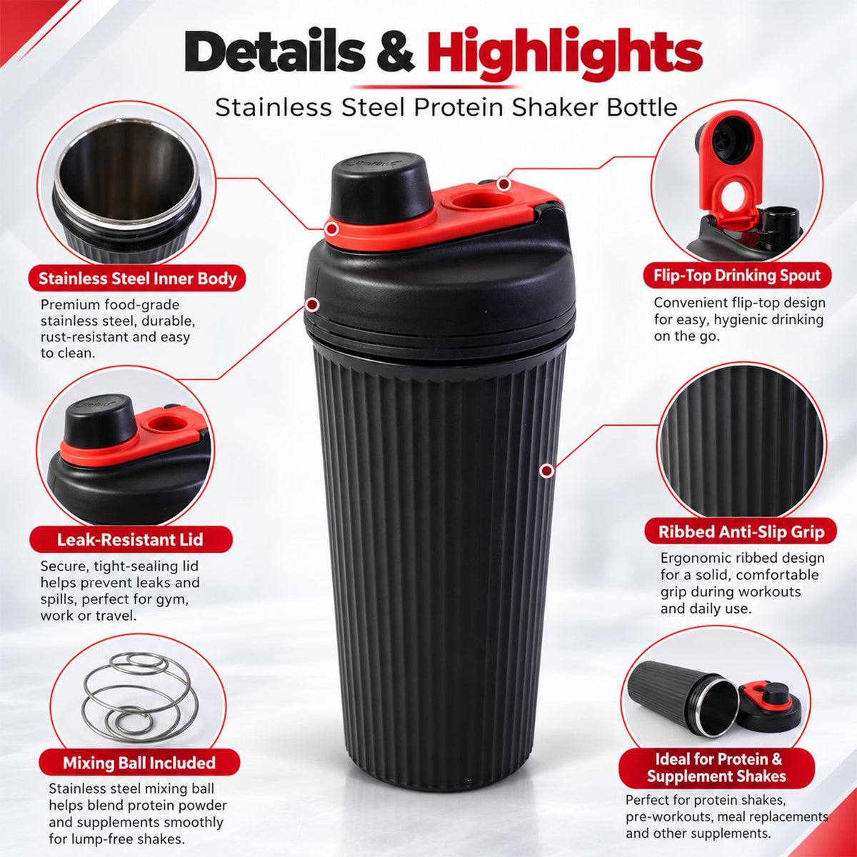 Gym shaker bottle with mixing ball - bottle features