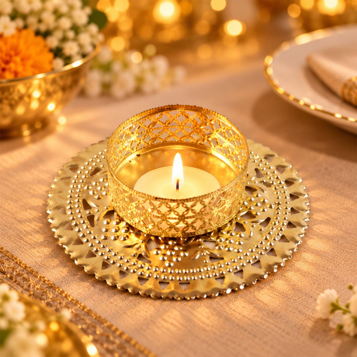 Metal Jali Tealight Candle Holder for Festive Home Decor (1 Pc)