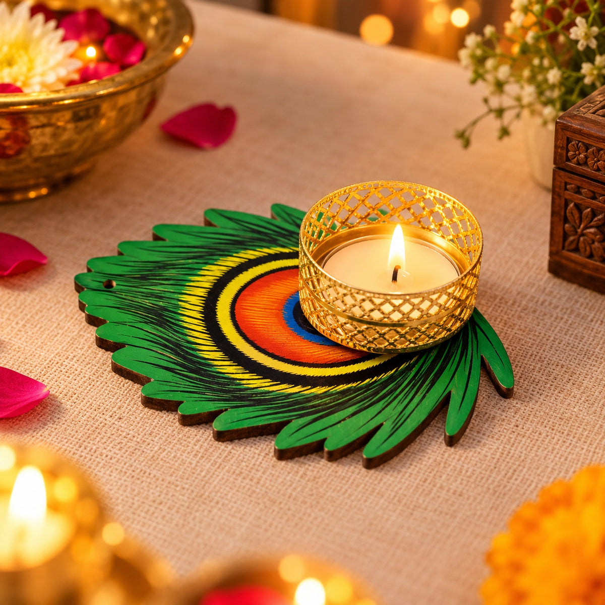 Peacock Feather Design Tealight Candle Holder for Diwali and Festive Home Decor (1 Pc)