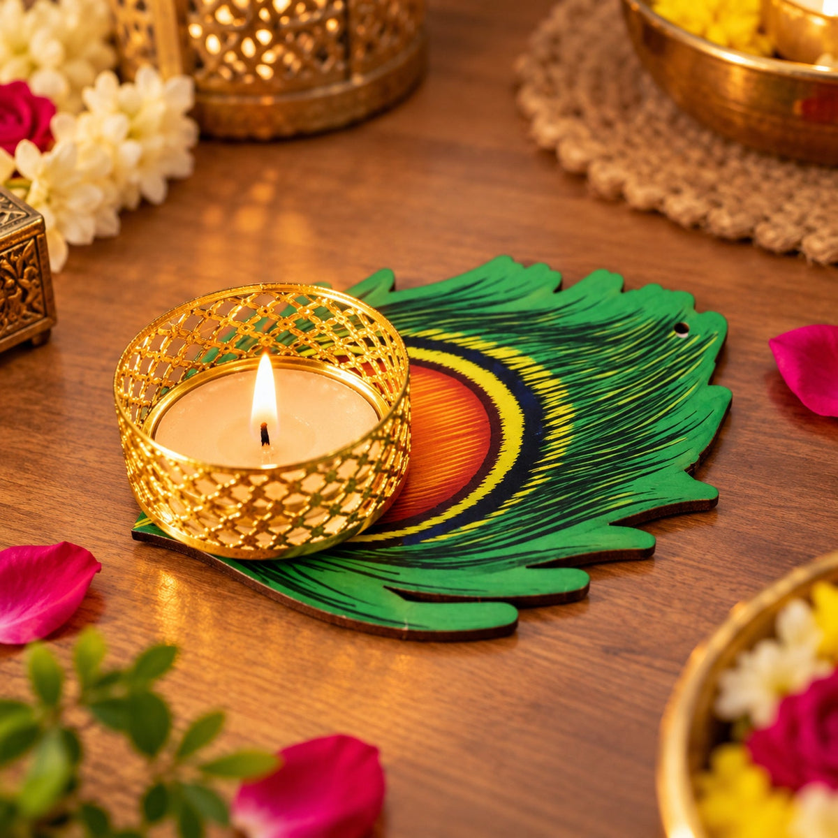 Peacock Feather Design Tealight Candle Holder for Diwali and Festive Home Decor (1 Pc)