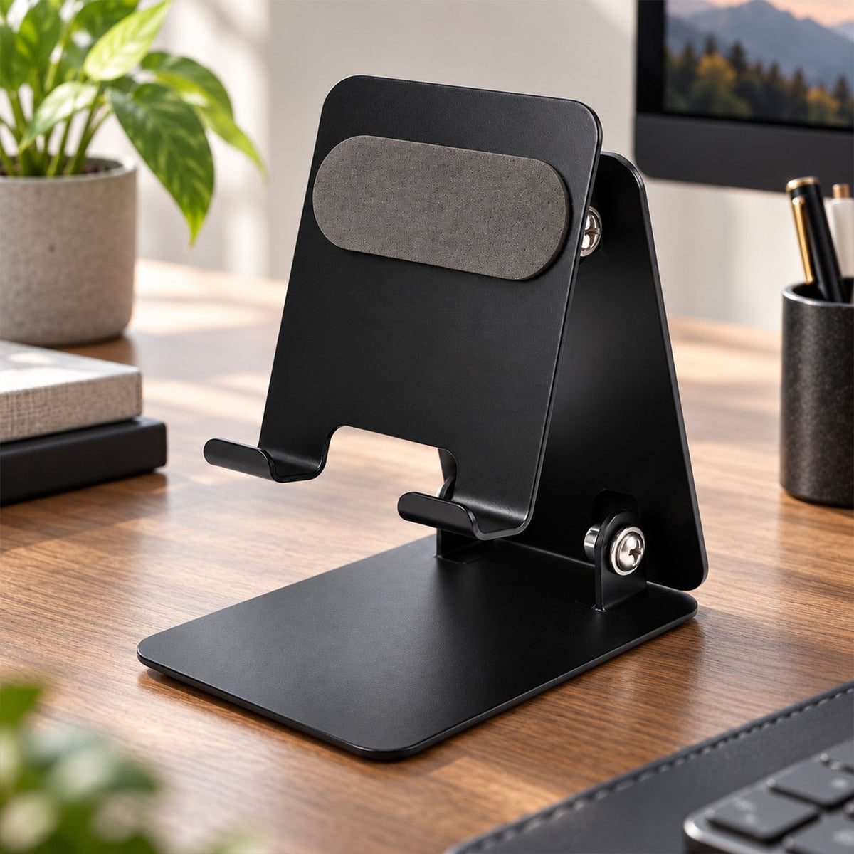 Close up of the hinge mechanism on the metal phone stand