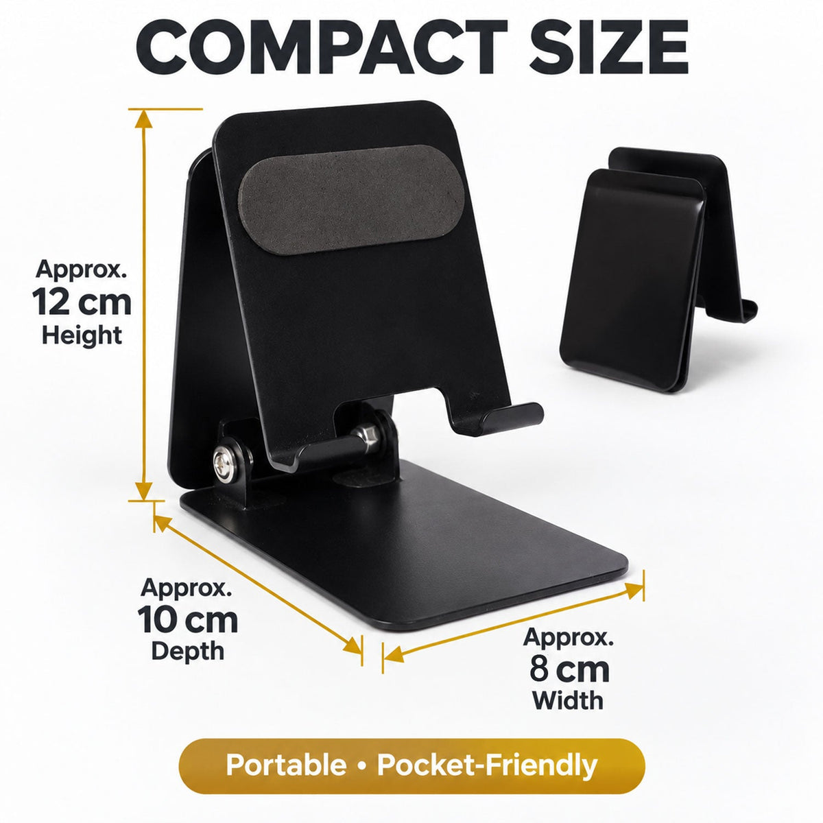 Foldable phone stand next to a ruler showing its compact size