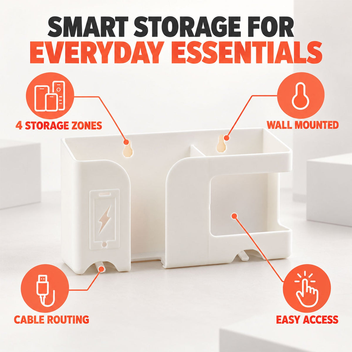 White organizer from an angle, showing four storage zones, wall-mounted capability, cable routing, and easy access features.