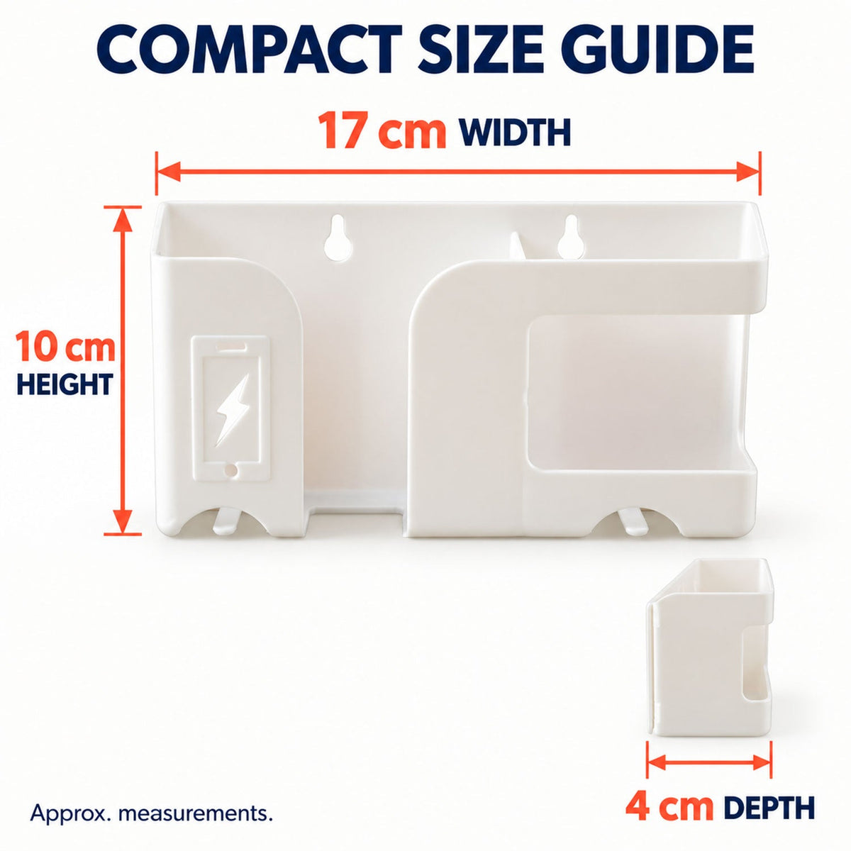 White organizer with dimensions: 17 cm width, 10 cm height, and 4 cm depth, against a white background.