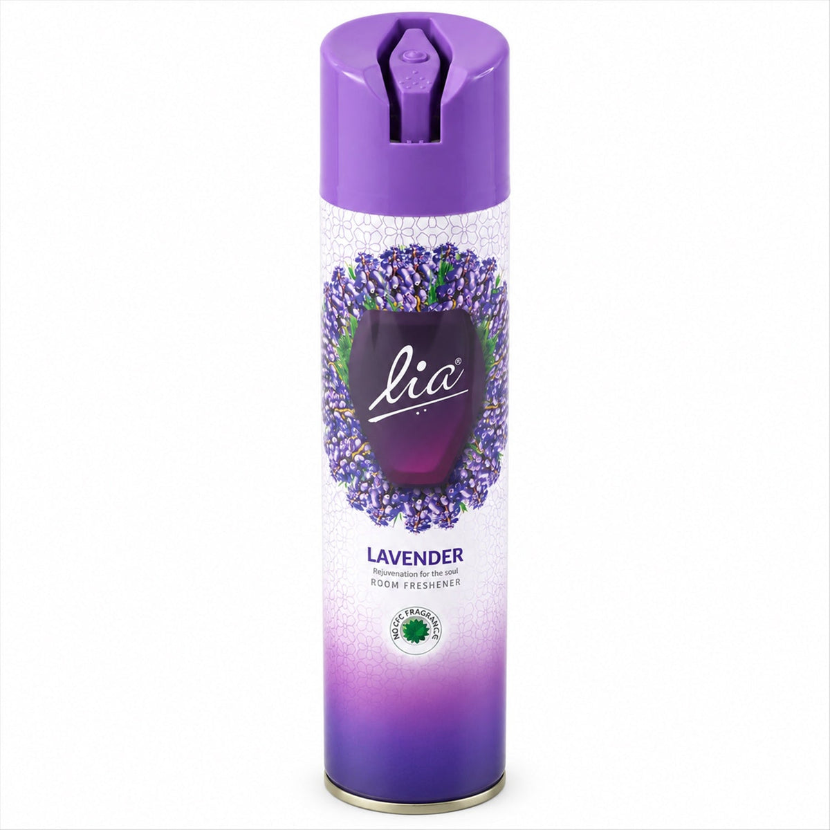 A single purple and white lavender room freshener spray can stands upright on a plain white background.