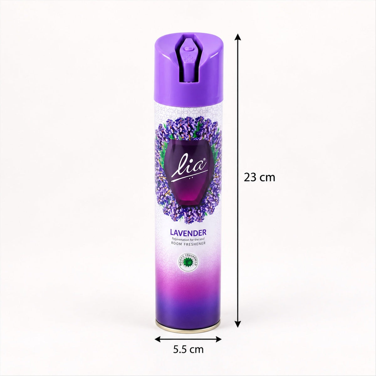 A purple and white lavender room freshener spray can with measurements indicating its height and width.