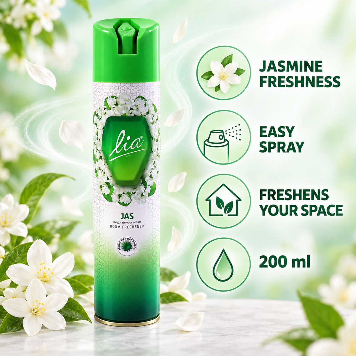 Lia Jas room freshener can with icons for jasmine freshness, easy spray, home use, and 200 ml volume.