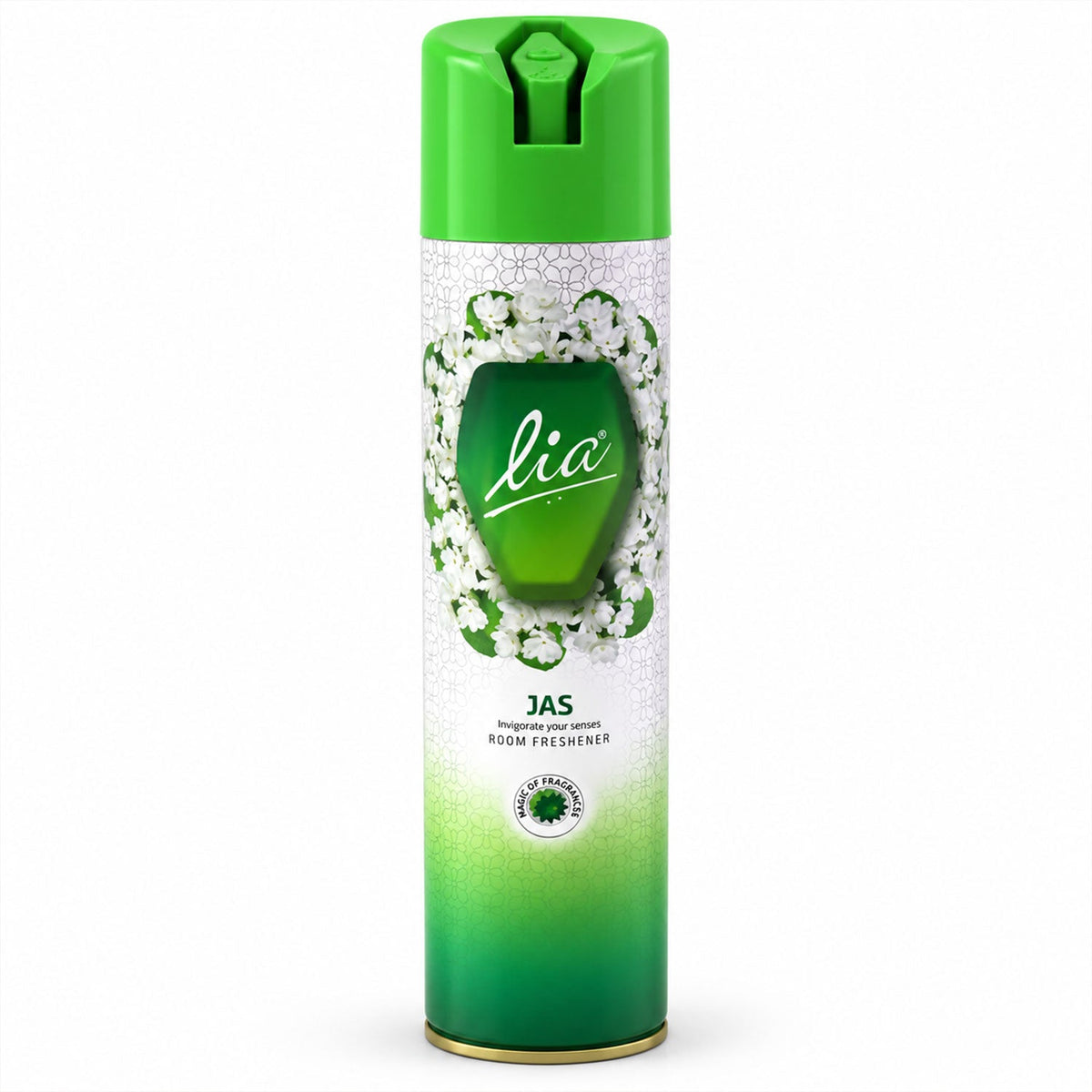 Green and white Lia Jas room freshener aerosol can on a plain white background.