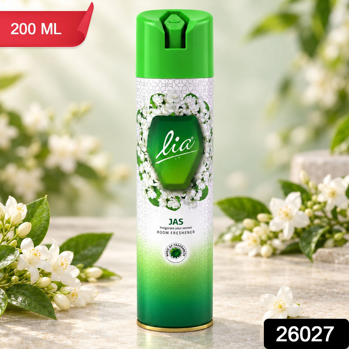 Green and white Lia Jas room freshener aerosol can with a red 200 ML banner and black 26027 label.