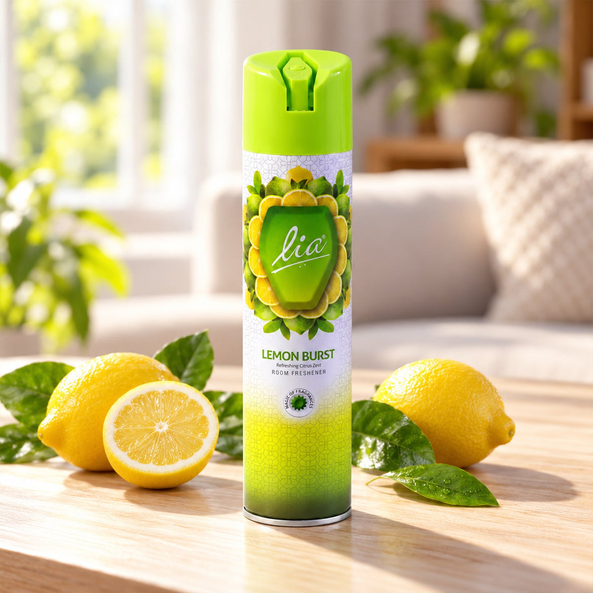 The Lia Lemon Burst room freshener bottle is on a wooden surface surrounded by fresh whole and sliced lemons with green