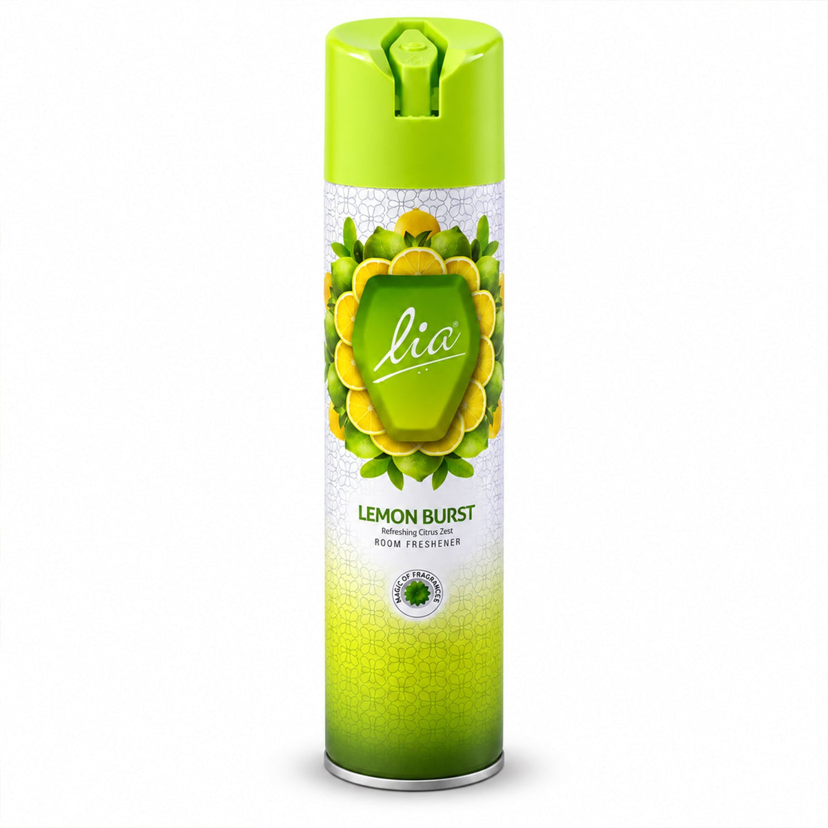 The Lia Lemon Burst room freshener spray bottle stands upright against a plain white background, showcasing its full design.