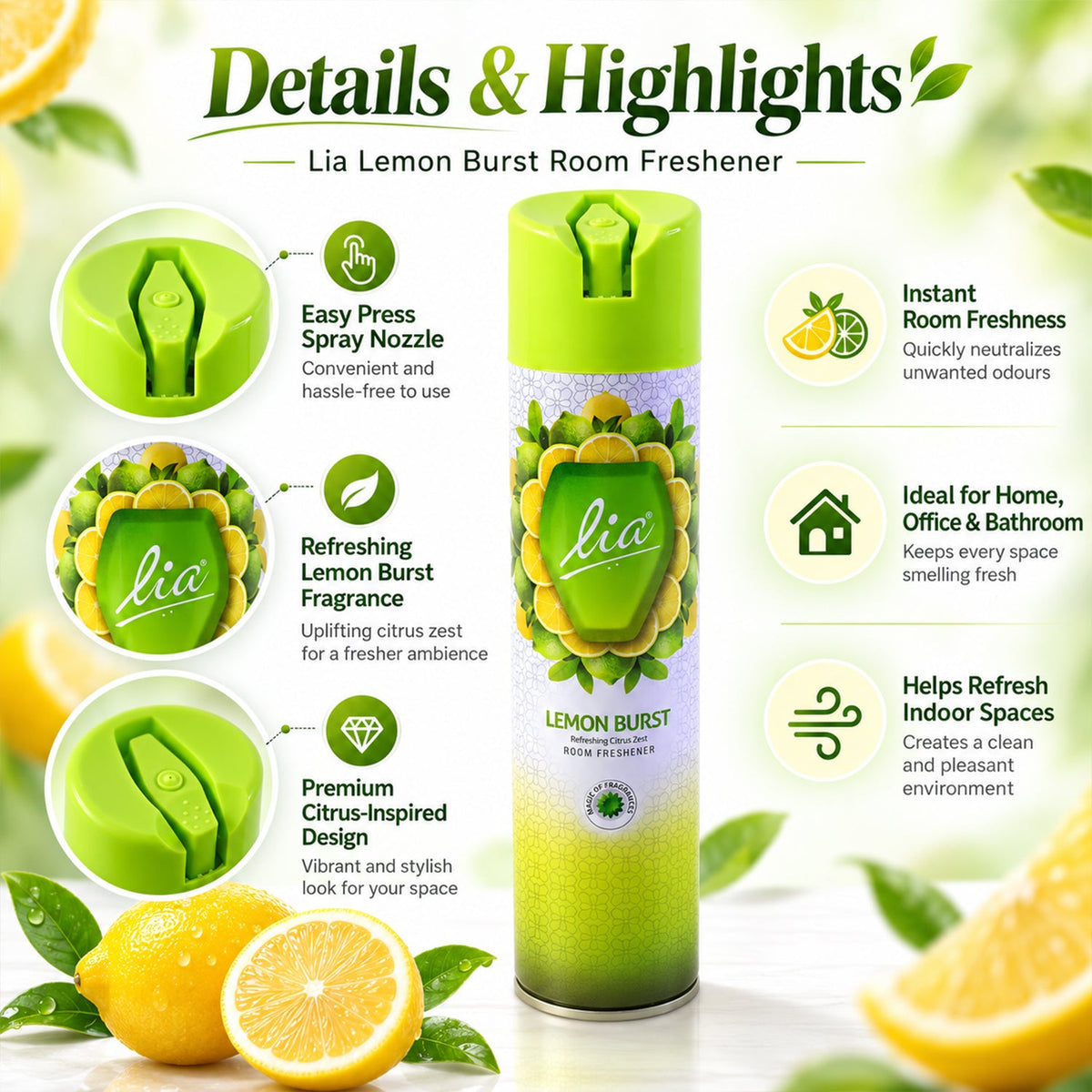 An infographic highlights features of the Lia Lemon Burst room freshener, showing its nozzle, fragrance, and design with