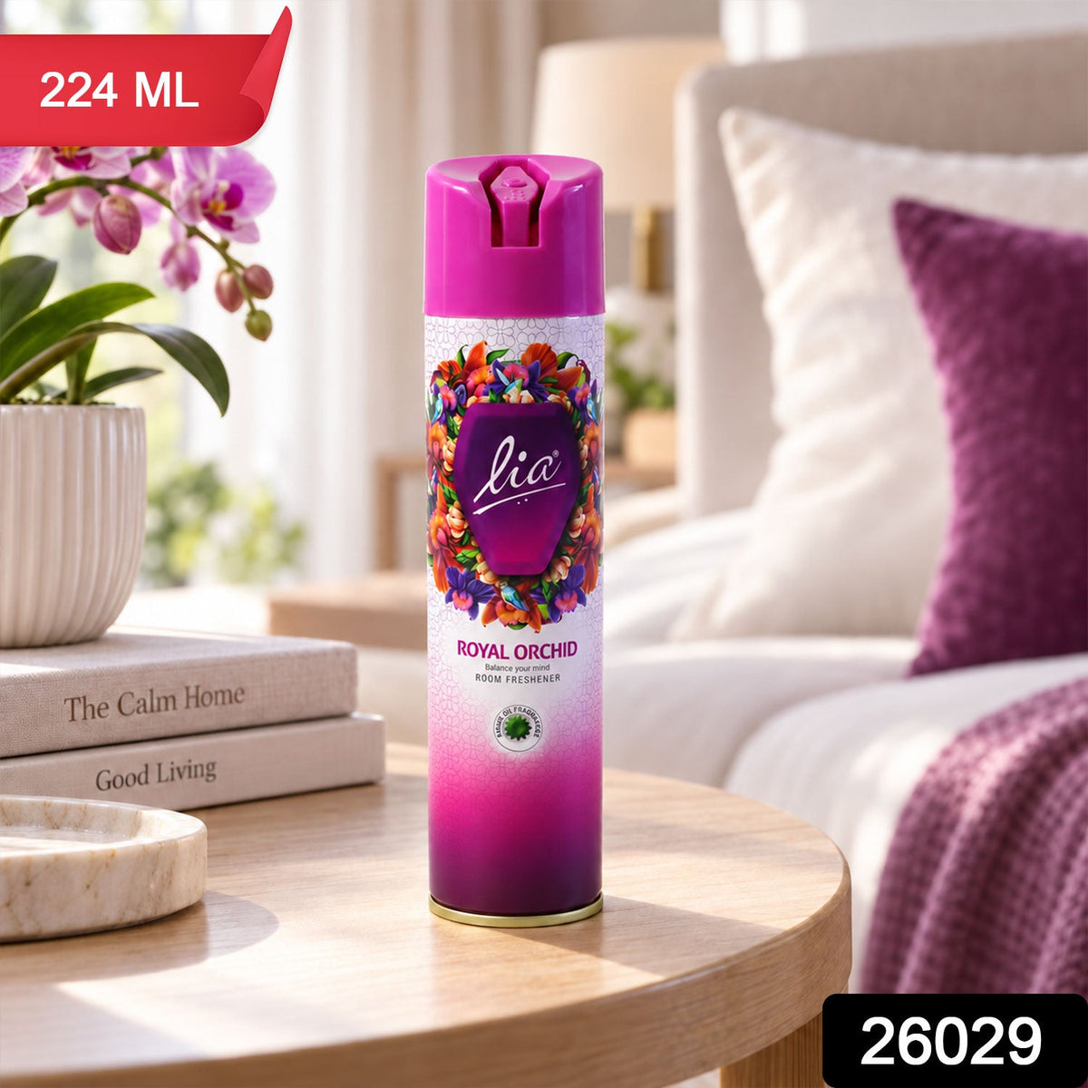 The purple and pink aerosol can is displayed on a wooden table, with a red banner showing "224 ML" and a black box with
