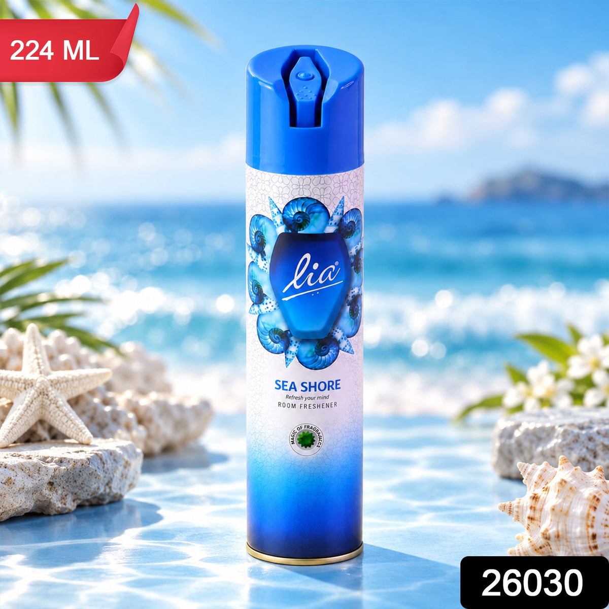 A blue and white aerosol spray can with a seashell design stands on a reflective surface, with text overlays.