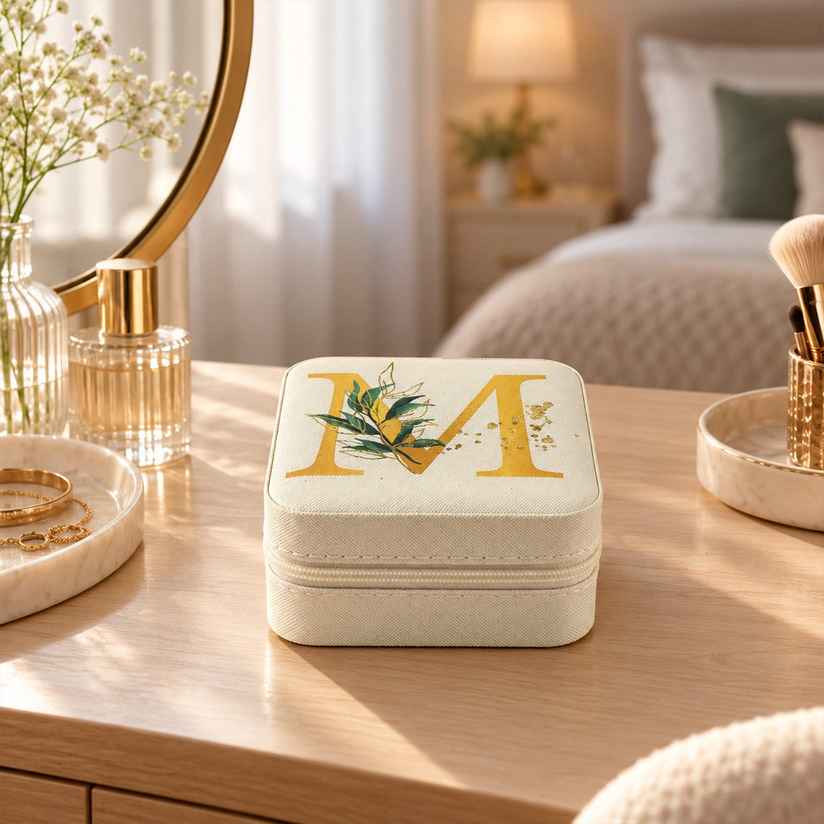 A closed beige jewellery box with a gold 'M' sits on a wooden vanity table, surrounded by perfume and a mirror.