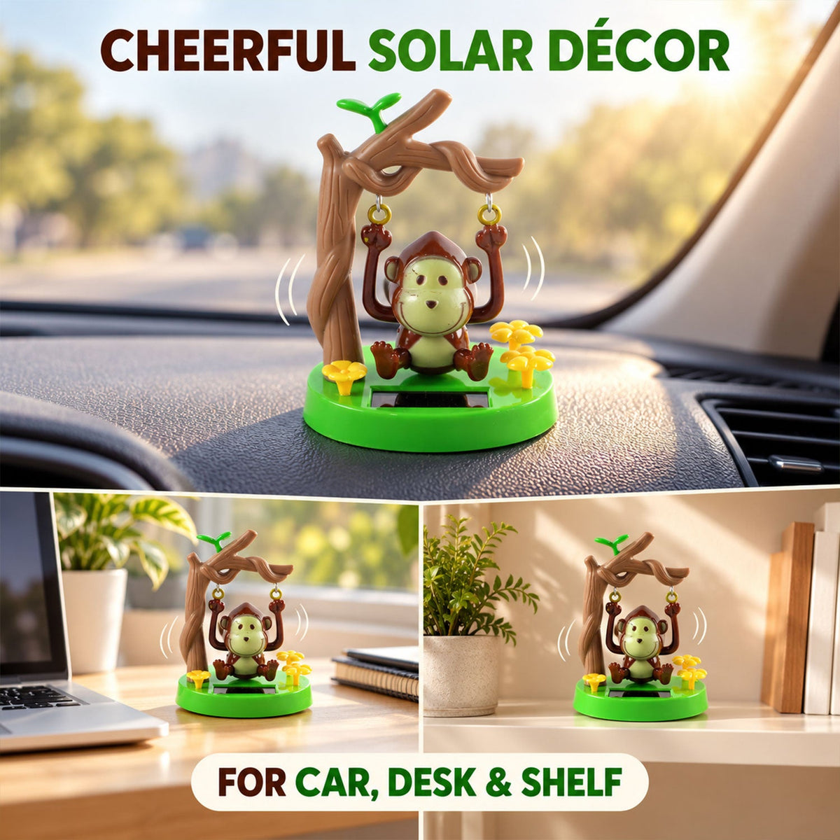 Three different settings display the solar monkey decoration: on a car dashboard, a desk with a laptop, and a shelf with