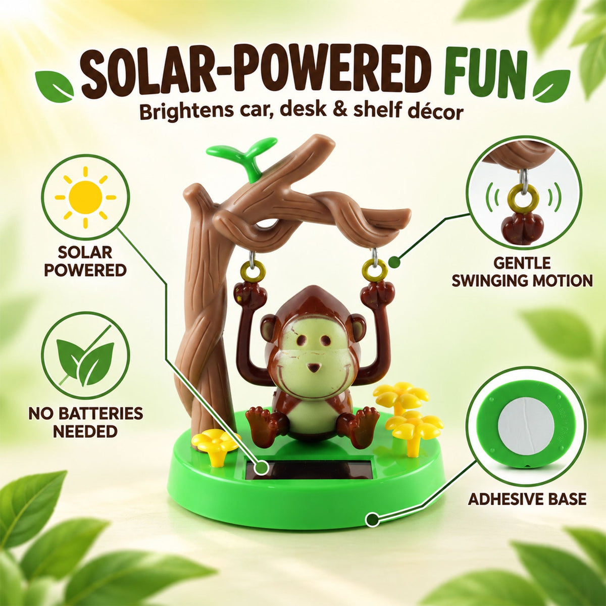 A diagram of the solar-powered monkey decoration highlighting its features like solar power, gentle motion, and adhesive