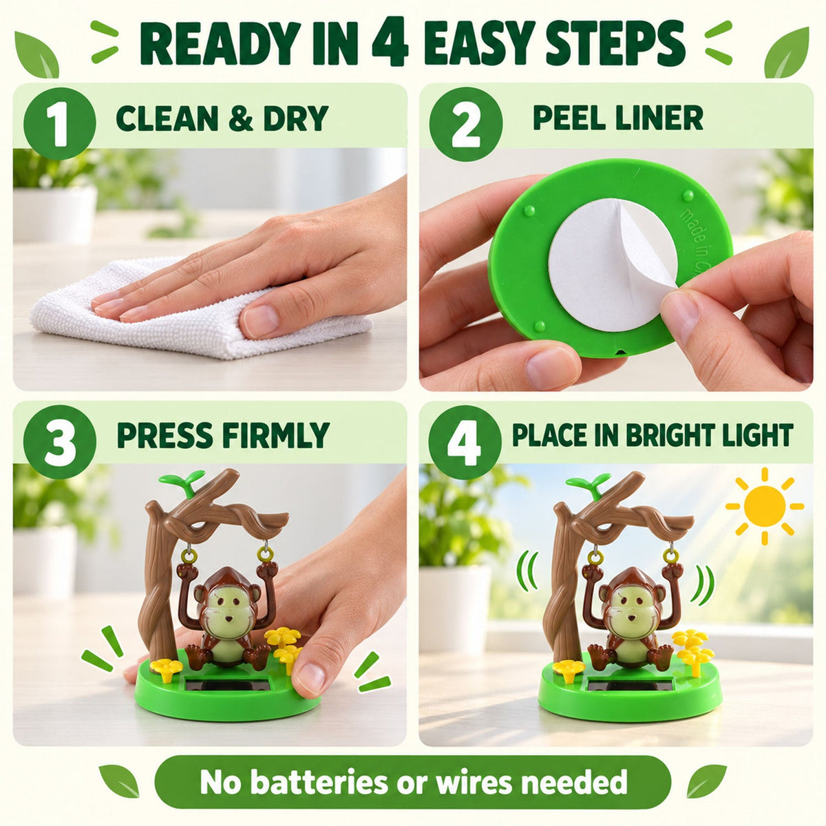 Four step-by-step instructions demonstrate how to clean, peel, press, and place the solar monkey decoration in bright light.