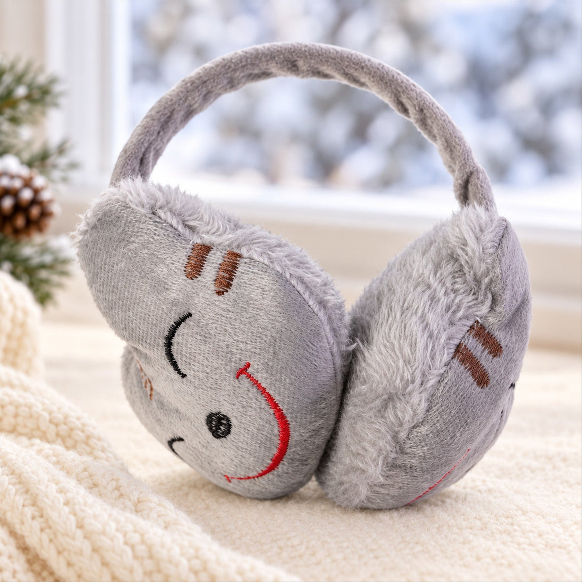 Grey plush earmuffs with a red embroidered smiley face on a cream knitted blanket, with a snowy window view in the