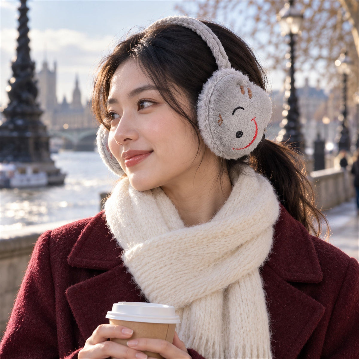 A woman wears grey plush earmuffs with a red smiley face, a maroon coat, and a white scarf, holding a coffee cup by a river.