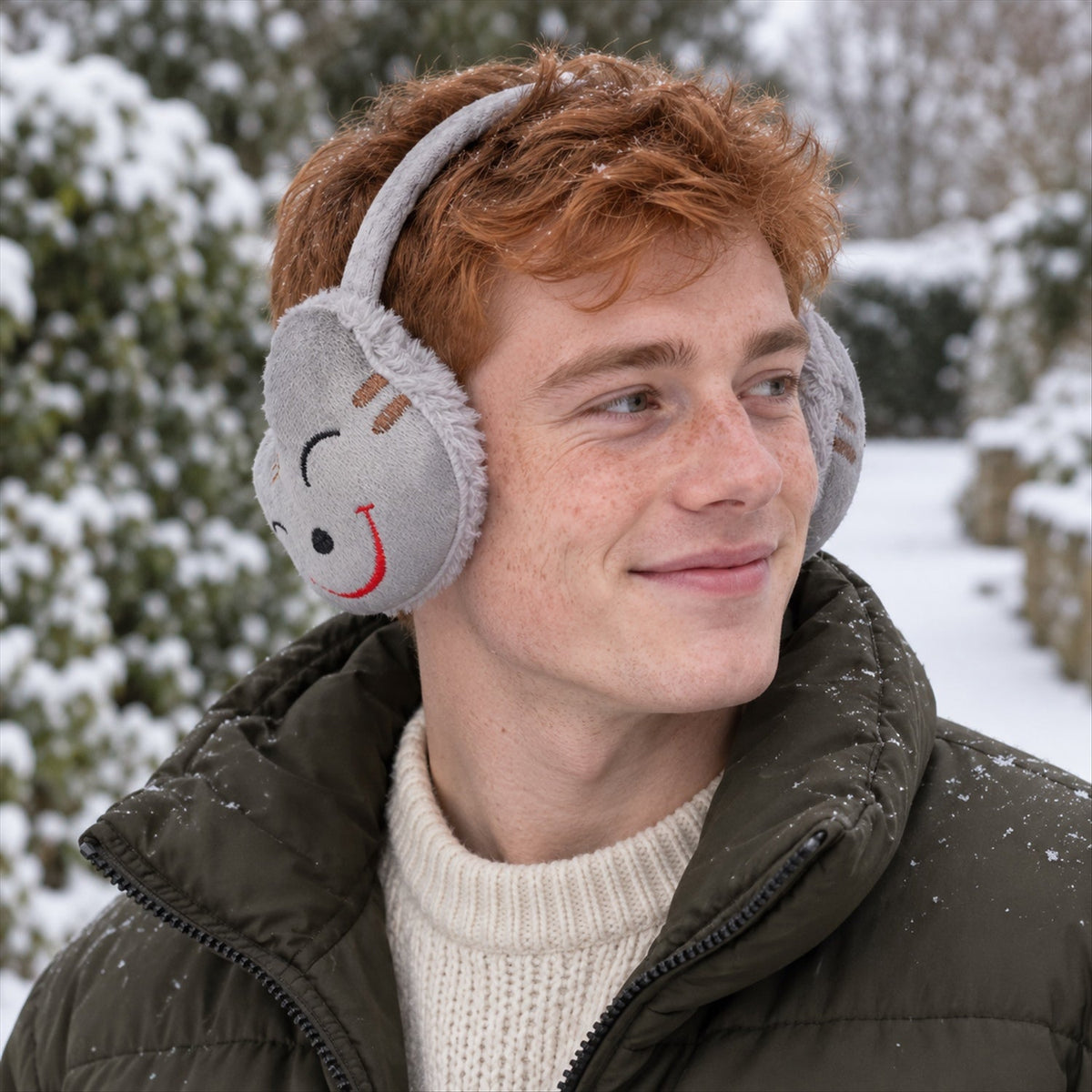 A young man with red hair wears grey plush earmuffs with a red smiley face, a green puffer jacket, and a cream sweater in