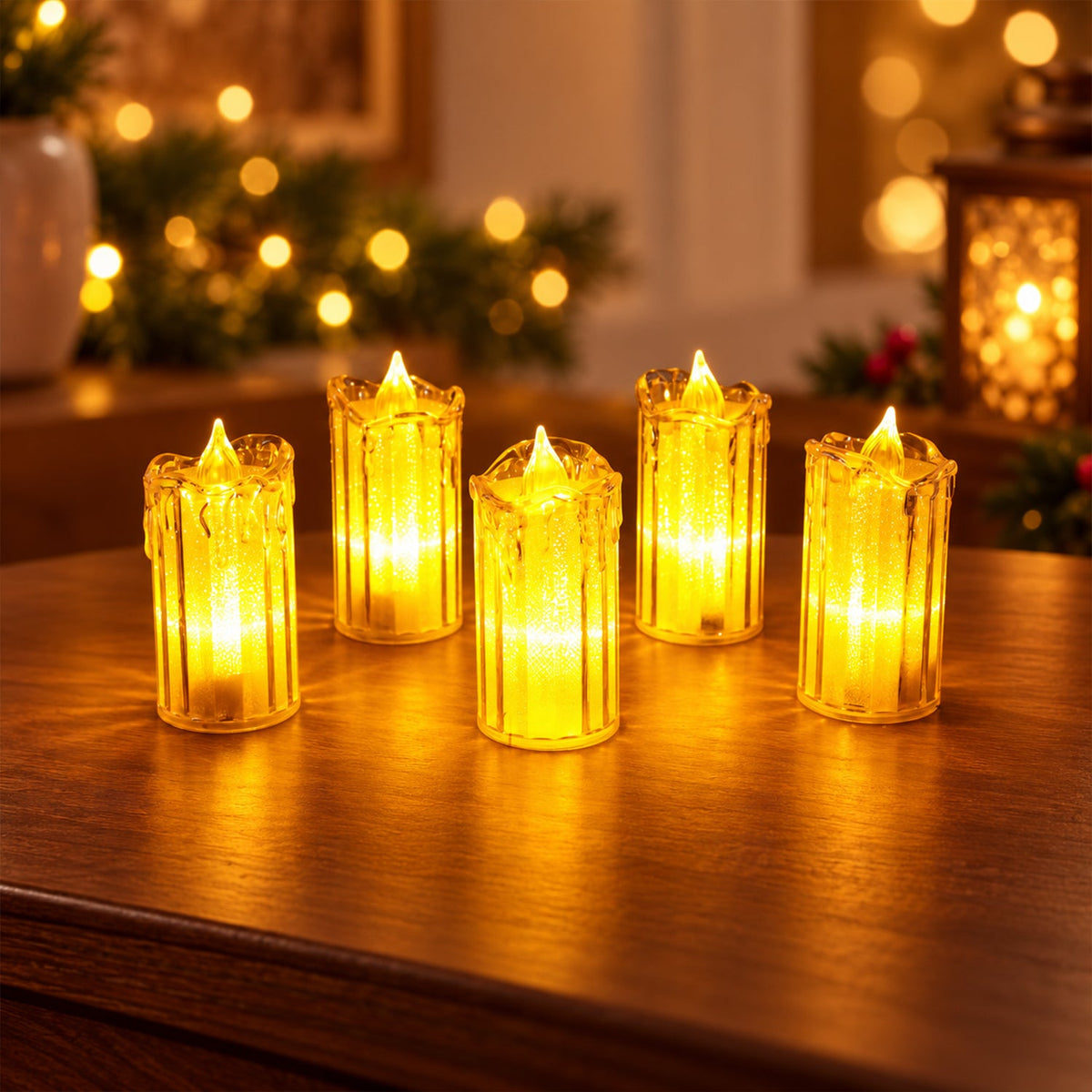 Five decorative flameless LED candles with clear ribbed bodies and warm yellow glow