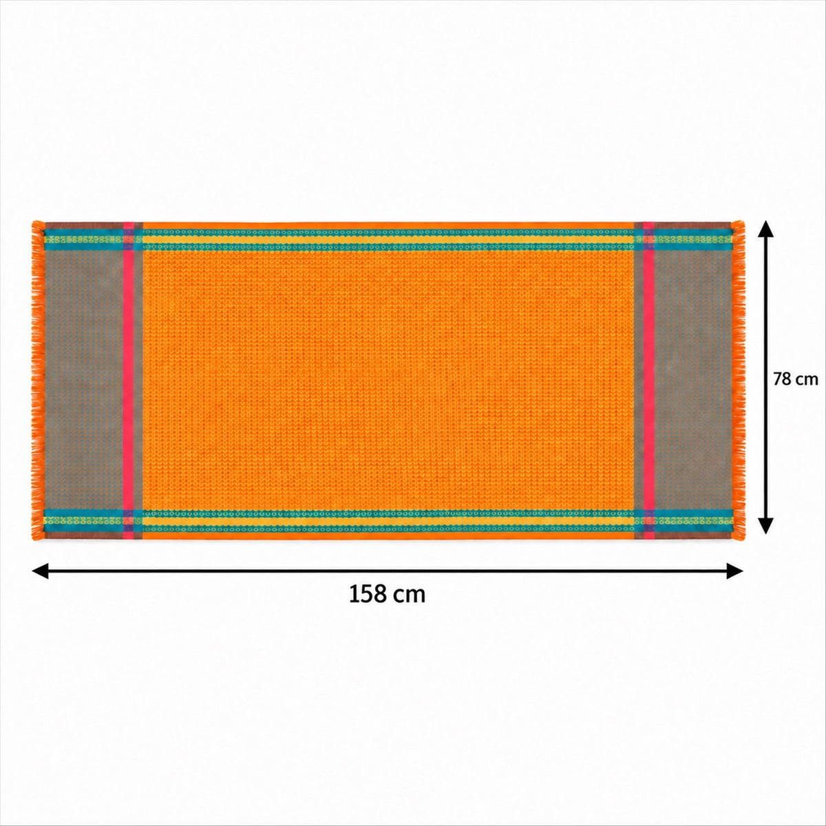 An orange shawl with striped borders and fringe, showing dimensions of 158 cm by 78 cm.