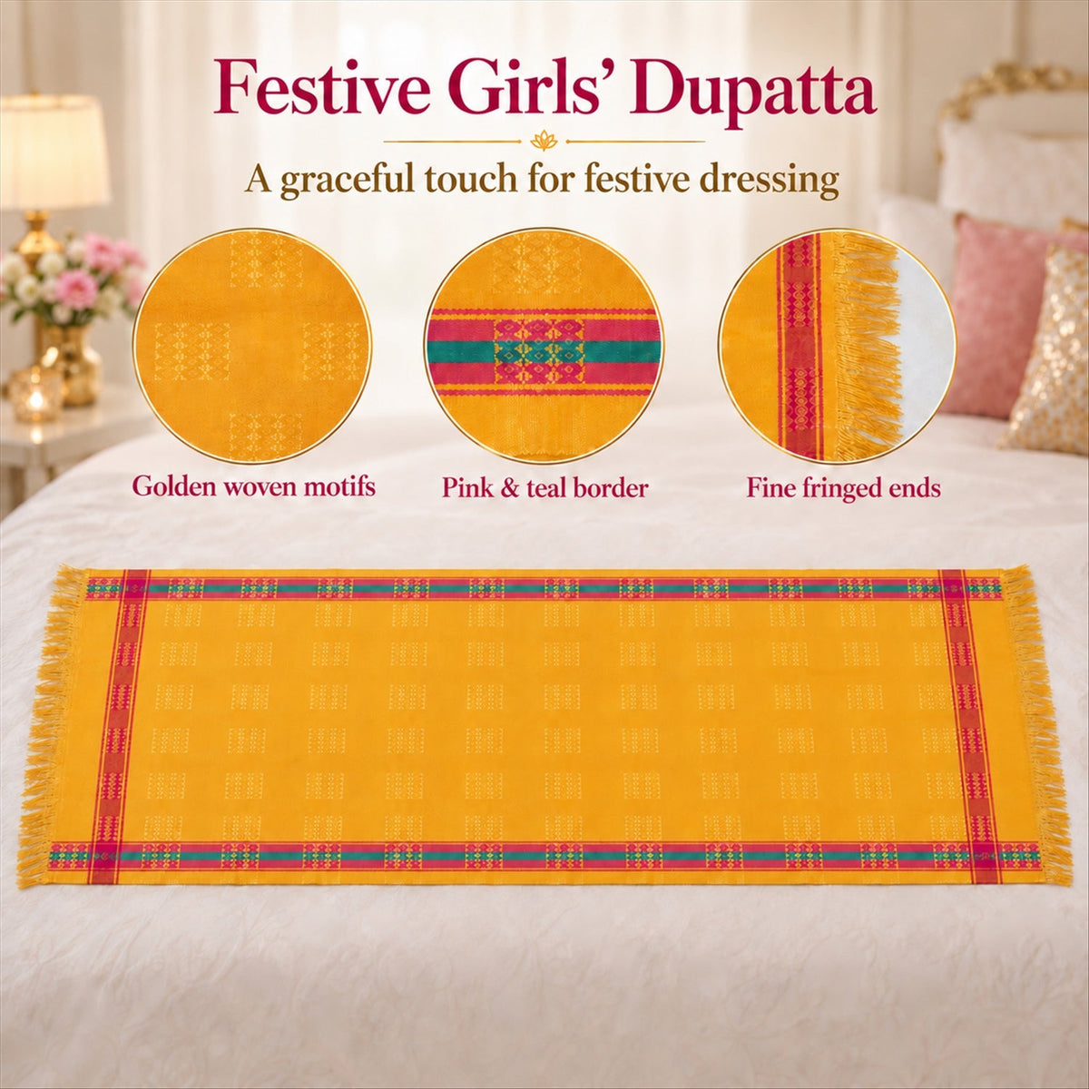 A yellow dupatta with woven motifs, pink and teal borders, and fringed ends is displayed flat on a white bedspread.