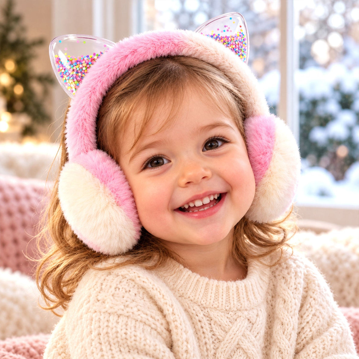 A young child with light brown hair smiles, wearing pink and cream fluffy earmuffs with clear cat ears filled with colorful