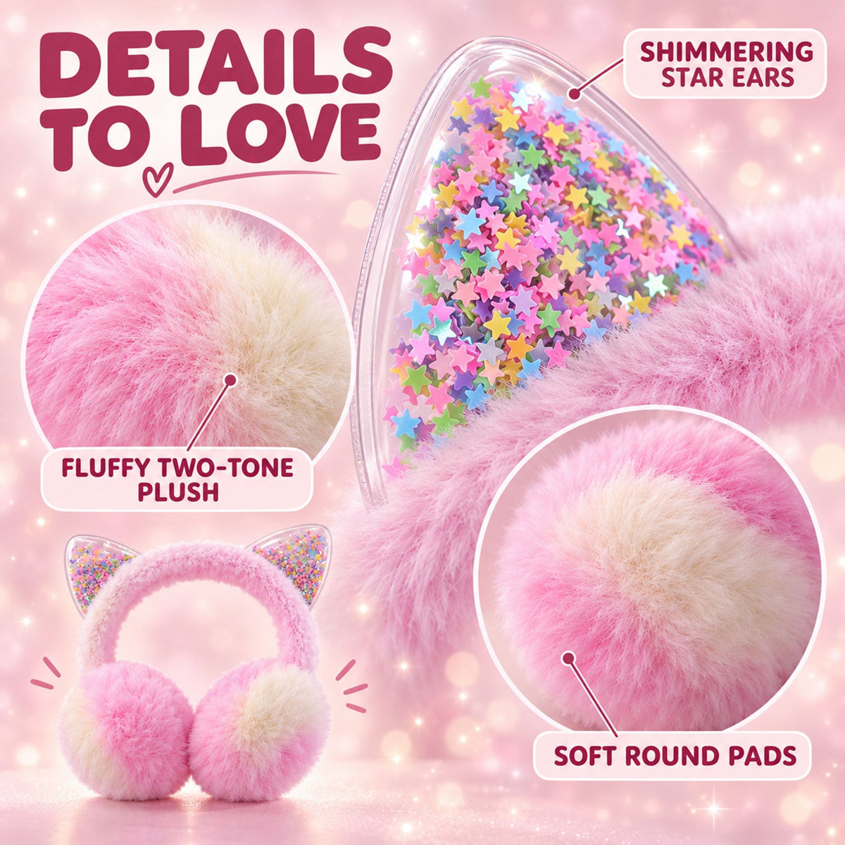 Close-up details of the pink and cream fluffy earmuffs, showing soft round pads and clear cat ears with shimmering star