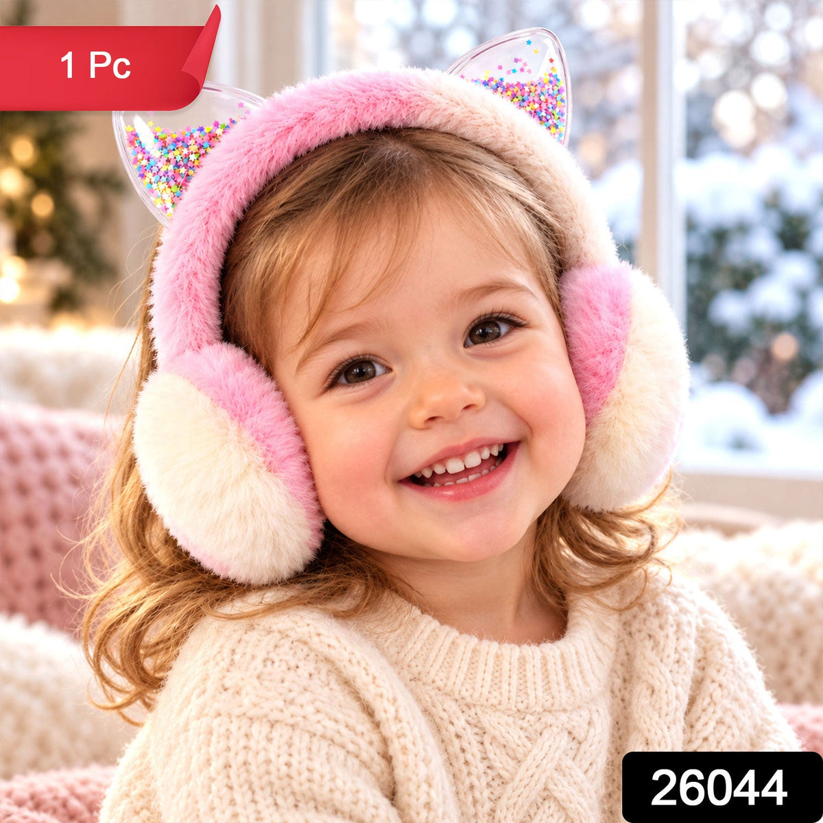 A smiling child wears pink and cream fluffy earmuffs with clear cat ears containing multicolored star confetti, against a