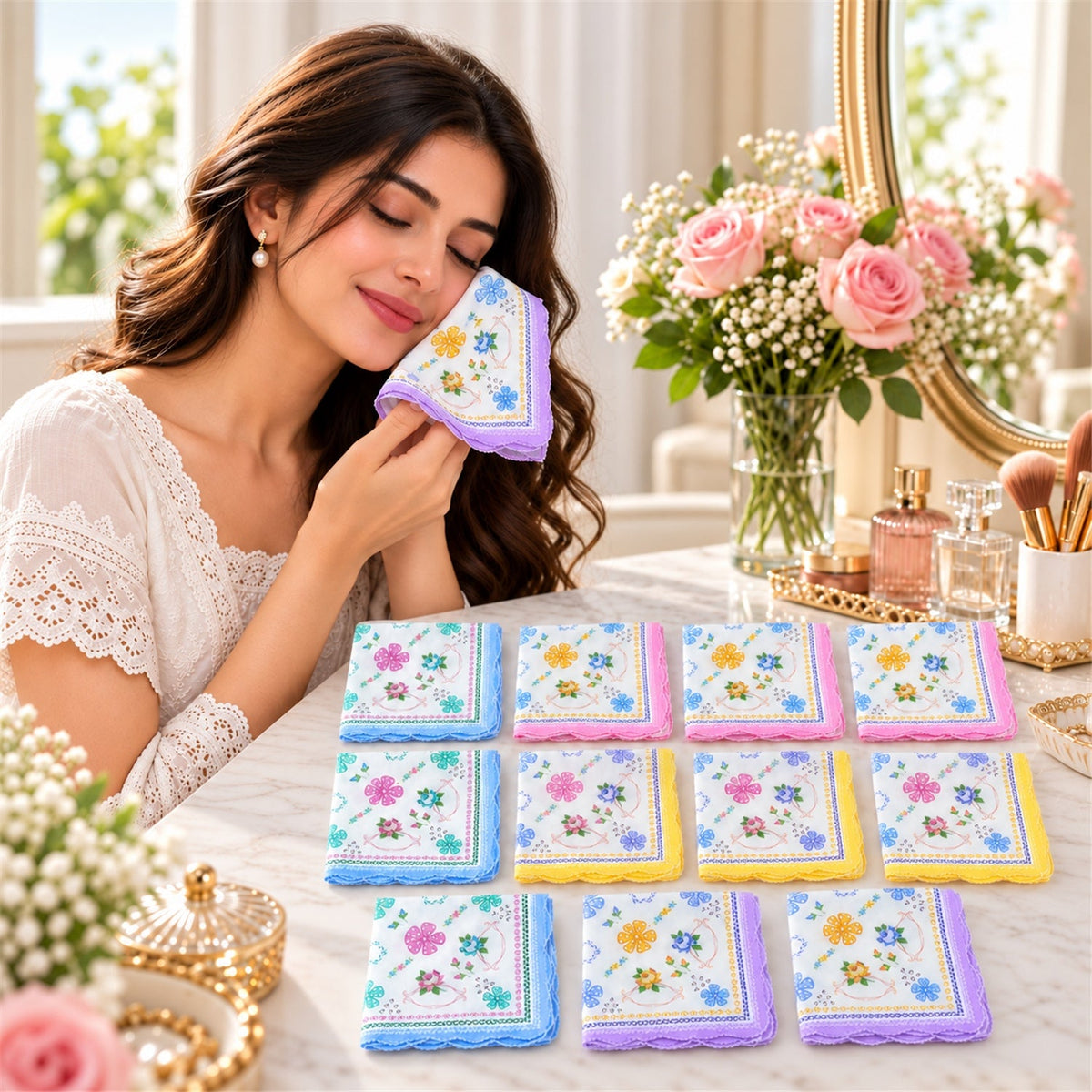 Women soft cotton floral handkerchiefs borders