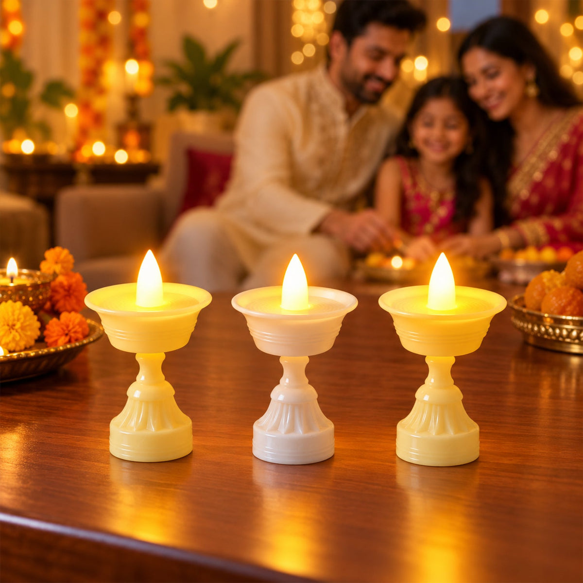 A single flameless LED diya from an elevated angle, showing its full form